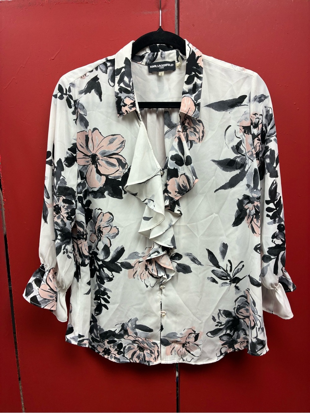 Karl Lagerfeld White Floral Ruffle Blouse - Pink & Black Accents
